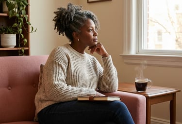 a woman sitting on a couch with a book and a cup of coffee