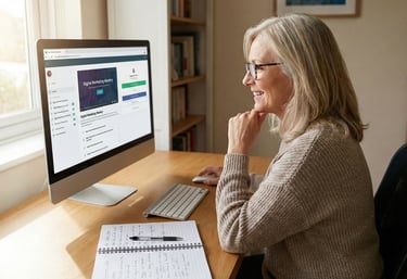 silver-haired woman sitting at her computer with notebook open and pen close by