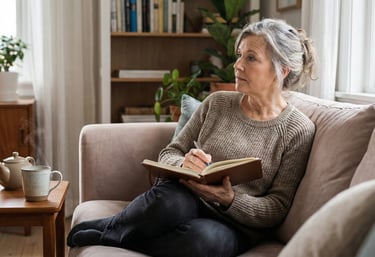 a woman sitting on a couch with a book and a book