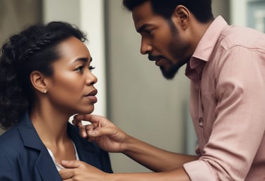 A person, likely a coach, is focused and speaking intensely to another individual. The setting appears to be a sports event, as indicated by the presence of a cheerleader in the background and someone wearing a sports jersey. The atmosphere suggests a serious discussion, possibly during a game timeout.