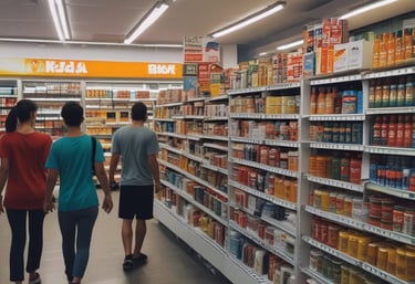 A small convenience store with shelves stocked with various products including canned goods, drinks, and snacks. The entrance is open with fluorescent lighting inside. Two people are interacting outside the store, and there is an ice cream freezer prominently displayed.