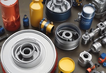 A can of waterproof spray lubricant labeled 'HCF' and manufactured by BG sits on a metal work surface. A red straw is attached to the nozzle, extending outward. Beside the can are industrial items including a fabric cloth and a small drill bit. The background features stacked boxes with indistinct writing, and a partially obstructed window revealing an industrial or workshop setting.
