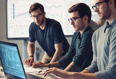 A team of data engineers collaborating over a laptop, analyzing data visualizations on the screen.