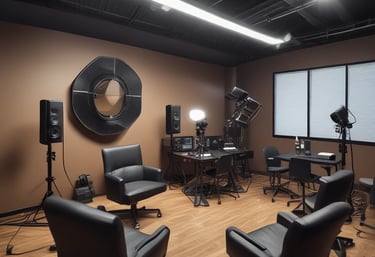 A close-up view of a smartphone displaying various podcast covers on its screen, alongside a brown leather-covered notebook lying on a table. In the background, part of a white keyboard and another notebook with a checked pattern are visible.