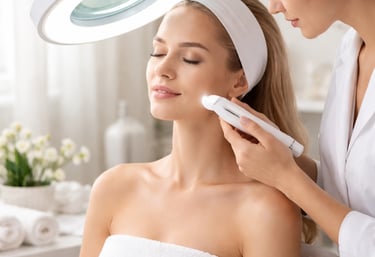 Esthéticienne pratique un bilan de peau sur le visage d'une femme