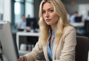 People are working on laptops at a modern office setup. The environment appears collaborative and tech-focused, with laptops, notebooks, and a bright, colorful interior featuring orange and green tones.
