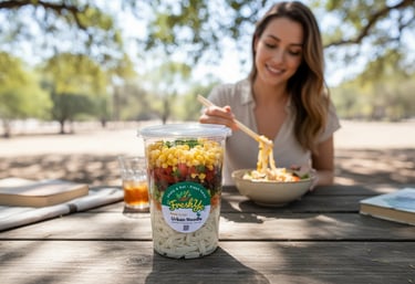 Bir qadin salatla birlikde makaron yeyir.