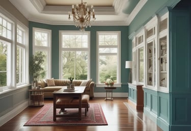 a living room with a couch and a chandelier
