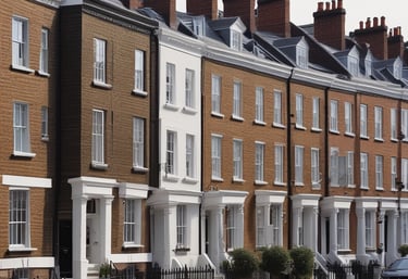 A panoramic view of London’s skyline at dusk with iconic buildings and residential areas glowing warmly.