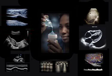 Sonographer applying gel to an ultrasound transducer, surrounded by various ultrasound images.