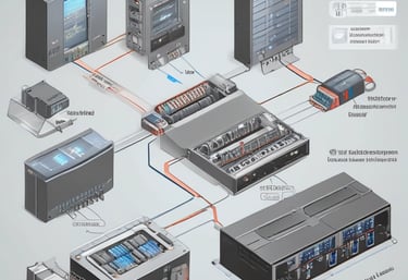 A dimly lit server rack filled with network equipment. Multiple colored cables, predominantly red, blue, and black, are neatly organized and connected to various devices such as switches and routers. Small LED lights on the equipment indicate active connections.