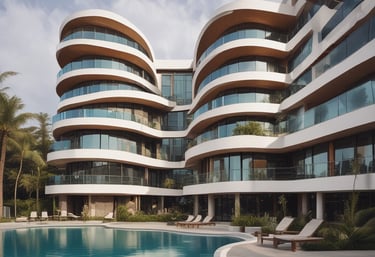 A tall apartment building with a brown and yellow facade stands against a clear blue sky. In front of the building, a large palm tree casts a shadow across the structure. The building has multiple balconies and windows, with a 'for sale' sign displayed on one of the balconies.