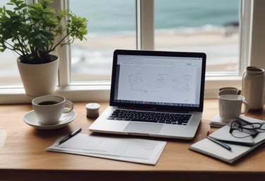 A row of self-help and business books stands upright on a table, adjacent to a laptop and a hand typing. The books have colorful covers, including titles like 'Atomic Habits' and 'The 4-Hour Work Week.' The setting appears dimly lit with a focused spotlight on the books, creating a cozy, studious ambiance.
