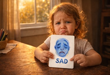 A young child with curly hair holds a flashcard showing a sad blue face to express their emotions.