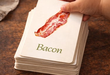 A child's hand holding a bacon flashcard from a stack of food educational cards on a wooden table.