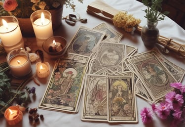 A collection of Tarot cards is scattered across a surface, displaying a variety of illustrations and symbolism. Some cards are upright, while others are upside down, featuring figures such as 'The Hanged Man,' 'The Sun,' 'The Fool,' and 'The Devil.' The cards are colorful and intricately designed, often depicting medieval or mythical scenes with characters, animals, and symbolic objects.