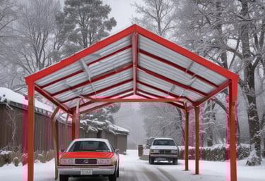 Two prefabricated buildings with corrugated metal siding stand side by side. The buildings have flat roofs and small windows. Shadows from nearby trees create patterns on the walls, and power lines are visible in the background. The scene is illuminated by natural daylight.