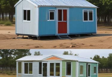 A corrugated metal building is viewed from an upward angle, featuring a section of the roofline against a sky transitioning from blue to pale pink. A single street lamp is visible, with a greenish tint to its light. The building shows various shades of muted yellow and green panels.