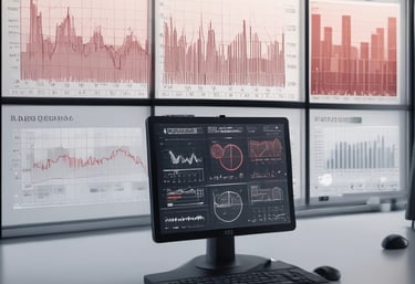 A small, round robot with a smooth white surface and blue accents operates a blue laptop on a sleek, floating platform. The robot has glowing eyes and an antenna on its head, with an 'AI' emblem on its front.