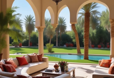 An elegant villa with a red-tiled roof is surrounded by manicured gardens featuring symmetrical paths and various plant life. The villa is positioned against a backdrop of lush greenery and a coastal cityscape, with a view of the calm blue sea.