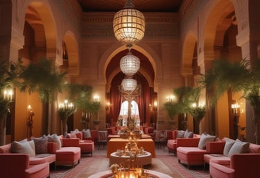 A luxurious two-story villa with a red-tiled roof surrounded by lush tropical greenery and tall palm trees. The building features white arches and a spacious balcony. A manicured garden and a cobblestone path enhance the scenery.