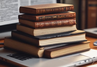 A book titled 'The Gifts of the Spirit' by Derek Prince is placed on top of a closed laptop and another notebook with an elastic band. The book cover features a serene, spiritual design with teal and golden hues, depicting a foggy landscape scene with a path leading toward a distant light.