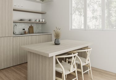 a kitchen with a table and chairs and a vase with a vase with flowers