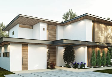 Une maison avec un grand garage et une allée