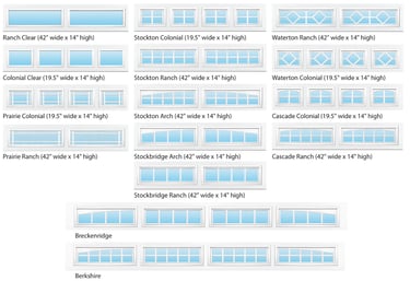 Comparison chart showing different decorative garage door window insert styles and dimensions.