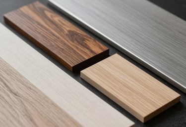 A close up of various wood veneer samples in bronze brown, silver gray, and bone white, laid out on a charcoal black table.