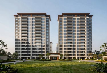 A high-end residential apartment complex in a South Asian / Indian city, showcasing modern architecture and landscaped gardens during a bright afternoon.