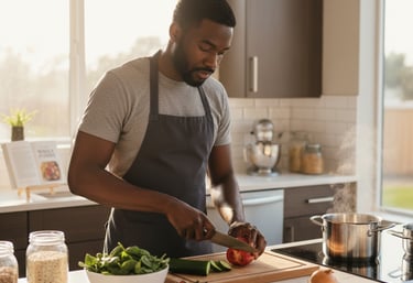 Man cooking in a bright kitchen, chopping ingredients for whole-food meal prep or dinner.