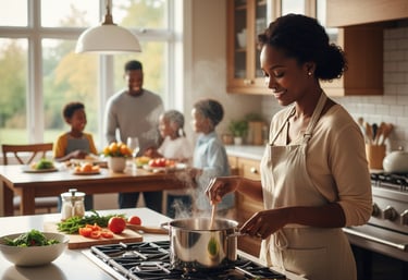 Women home cook preparing a whole-food dinner, chopping tomatoes in a sunny kitchen with family.