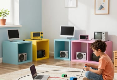 A bright, room with kids        playing   with vibrant electronic toys.
