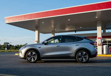 A modern car parked at a rest stop on a Brazilian highway, with a family visible inside. Sky Blue sky and Steel Blue asphalt.