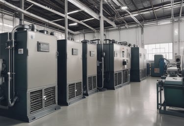 Technicians installing a large industrial HVAC system in a factory setting with visible pipes and control panels.