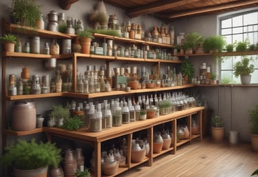 Close-up of amber essential oil bottles surrounded by fresh herbs and rose gold accents.