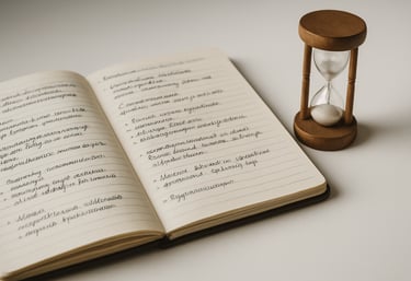 An open notebook with handwritten Polish notes lying on a clean white desk next to a small wooden hourglass, symbolizing the process of reflection and time for self-care.