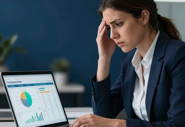 A worried HR manager in a South American / Brazilian corporate office setting looking at laptop screen showing turnover analytics. High contrast, clean modern workspace, emotional realism, deep navy blue shadows and soft mint highlights.