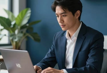 A modern and clean photograph of a Brazilian business professional calmly reviewing HR metrics on a laptop screen. The focus is on their serene expression, comfortable workspace, soft lighting, hints of deep corporate blue and fresh green plants in the background.