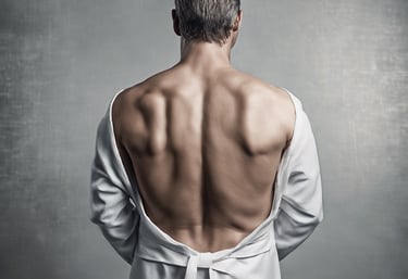 Back of person in an open gown standing another image of back of same person bending forwards,