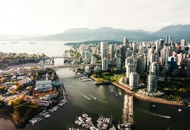 Aerial view of a city skyline with buildings, showcasing a panoramic perspective of urban architecture and cityscape