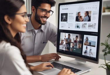 Close-up of hands typing on a laptop with digital marketing and automation software visible on screen.