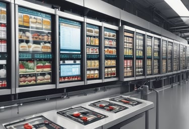 A modern factory floor with advanced automation equipment and control panels.