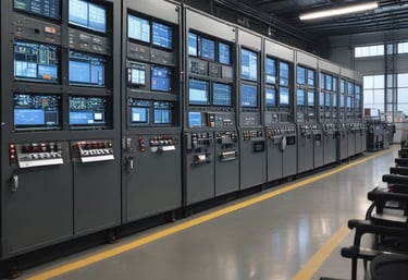 A modern factory floor with advanced automation equipment and control panels.