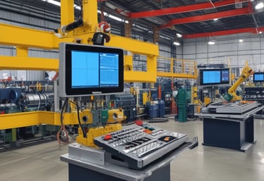 A modern factory interior showcasing advanced automation technology with sleek machinery and control panels.