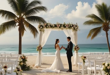 A smiling bride in a lace mermaid wedding dress walks on a tropical beach with palm trees at sunset.