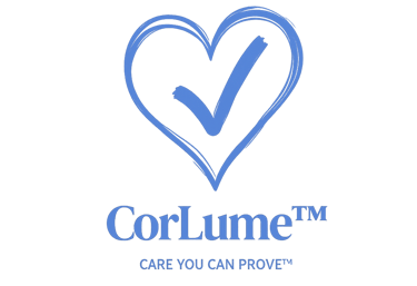 a blue heart shaped logo with the word corline on it