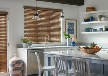 kitchen with wood blinds and white cabinets – Rise Up Window Coverings Milwaukee