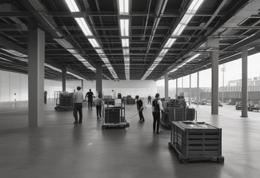 A logistics team working together in a warehouse.